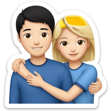 asian boy with black hair and blonde girl hugging sticker