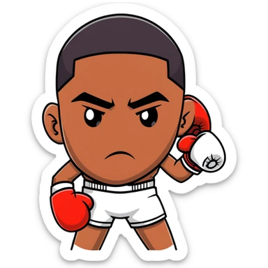 Close-up face of a young 19-year-old Black male boxer, intense gaze, boxing gloves slightly visible sticker