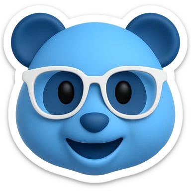 Create a 3D emoji of a panda face inspired by the classic panda emoji style, in IK blue color, wearing stylish white designer glasses. Keep the look playful and modern with a smooth 3D finish. Remove the background completely. sticker
