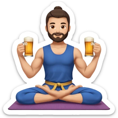 slavic muscled guy with dark brown hair and beard, sitting in yoga pose on a mat, kung fu clothes, long and volume dark hair, holding beer mugs in two hands, sitting sticker