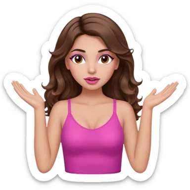 girl with long wavy brown hair, brown eyes, long lashes makeup, sexy pink lips, light to medium complexion, pink sexy top, two hands up, shrugging sticker