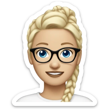 Thin White skinned blonde haired blue eyed woman with black glasses black stud earrings hair in bun sticker