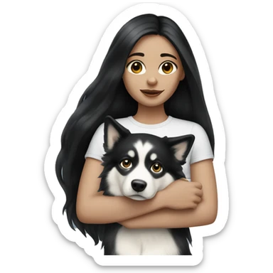 Pale girl with long black hair holding Alaskan husky sticker