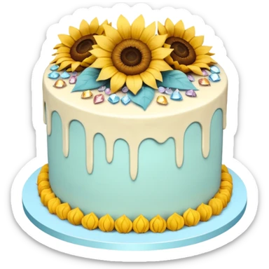 Two layer cake adorned with overflowing raw pastel crystals & sunflowers sticker