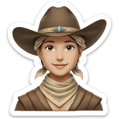 Clash of Clans aesthetic: Beautiful and Majestic Cowboy Portrait Emoji, Rendered in serene confidence with a gentle, enigmatic smile and a regal wide-brimmed hat, showcasing a distinguished, weathered build with a timeless bandana and soft, wise eyes in natural skin tone, Simplified yet exquisitely endearing features, highly detailed, glowing with a soft, majestic western light, high shine, calm and heroic, stylized with an air of legendary frontier elegance, soft glowing outline, capturing the essence of a majestic cowboy whose noble spirit inspires epic journeys! sticker