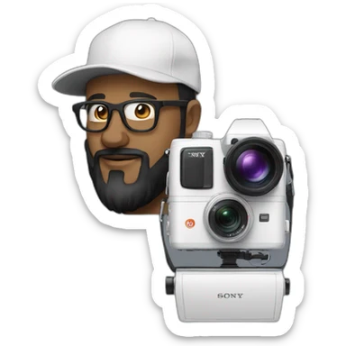 Guy with Black dad hat glasses black beard with a Sony camera sticker