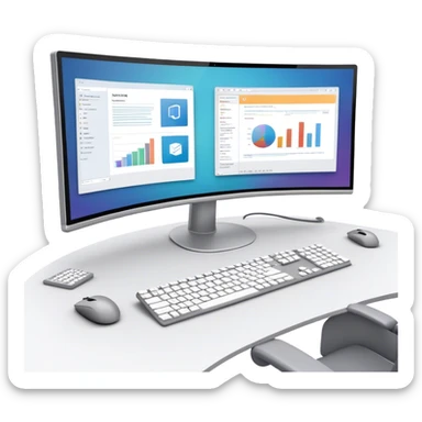 Create an emoji for UX/UI design. Show  large curved monitor displaying windows with UX/UI design HTML program interface. Include a mouse, keyboard, and stylus next to the screens. Use modern, professional colors. Do not include any emojis or smiley faces. Make the background transparent. sticker