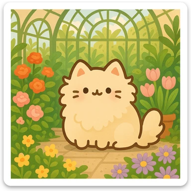 pusheen-style fluffy blonde kitten in a botanical garden greenhouse filled with flowers sticker