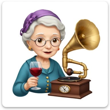 old lady with wineglass listening to gramophone sticker