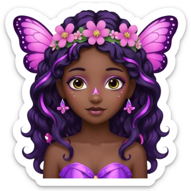 Black girl fairy with long wavy black hair, pink and purple red butterfly wings sparkly sticker
