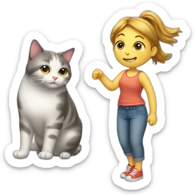 Girl playing with fat cat with trousers sticker