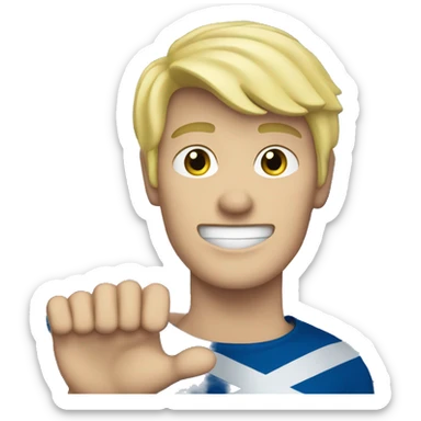 Blonde haired Scottish male waving his hand with a Scotland flag in the background sticker