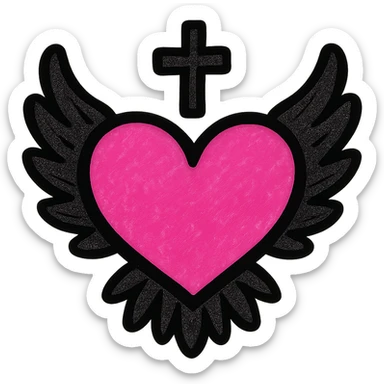 gothic heart with black feathers, pop colors style, pink and black sticker
