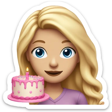 Woman with long blonde hair and blue eyes holding a pink birthday cake  sticker