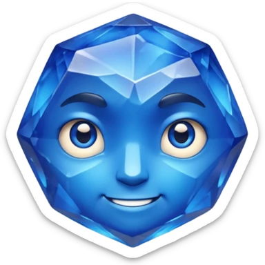 A single sapphire-blue faceted rock head, chunky and worn, with a few visible cracks and chipped facets but still shiny, big kind eyes and a confident smile, 3D game asset, centered on dark background, no body, no other elements. sticker