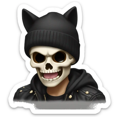 Skull wearing a black beanie with cat ears doing the rock and roll hand sign with his tongue out sticker