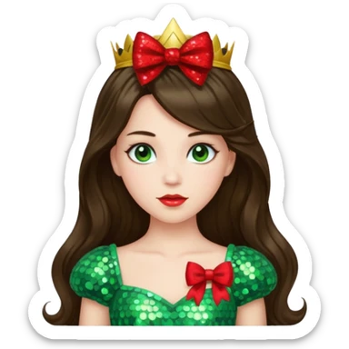Princess Ozma from Oz with long brunette hair, light green sequin outfit, red bow sticker