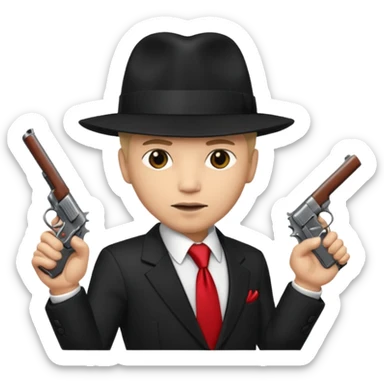 Mafia enforcer, suit and tie, black hat, gun sticker