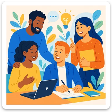 team collaboration, multiple characters working together, positive and supportive, modern style sticker