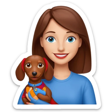 White woman with medium length brown hair and blue eyes holding a red dashound sticker