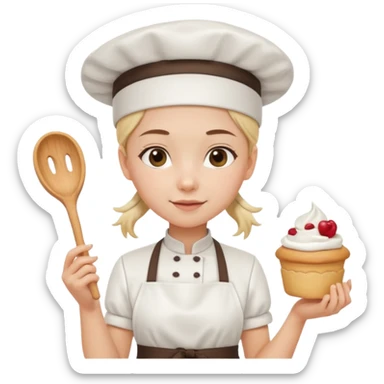 Young female pastry chef - single ponytail, apron, wearing a white hat, holding a cream piping bag sticker