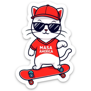 Red baseball cap that says MASA WITH A SKATEBOARD WITH CAPTION THAT SAYS MAKE AMERICA SKATE AGAIN Cat with sunglasses sticker