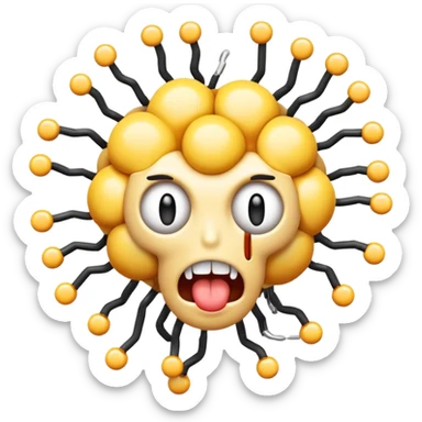 absolutely insane emoji with eyes popping out of sockets on springs, brain partially exposed, multiple gigantic polka-dotted tongues flailing in all directions, tiny explosions around head, face melting, completely deranged look sticker
