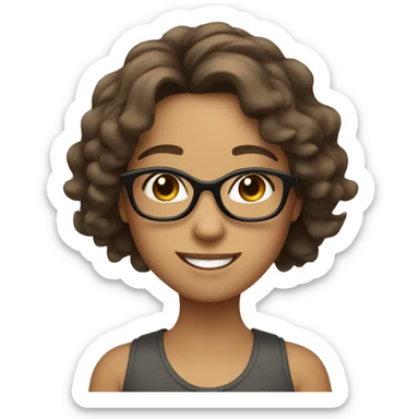 smiling girl with shoulder length shaggy brown hair and big dark glasses sticker