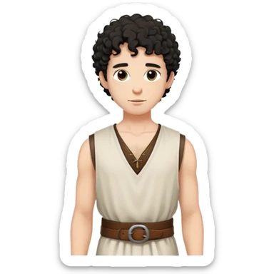 medieval summer outfit worn by a DnD themed fantasy character. basic sleeveless cotton shirt with a loose neckline and a thin leather belt. clothes only above the waist. The clothes full waist. The character's haven't arms. character is black hair, brown eyes, short curly hair, white skinned man. sticker