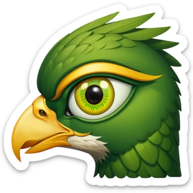 close up of just the eye and nothing else at the side profile of the face of a green hawk that is looking away from the camera on white background sticker