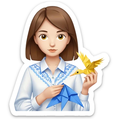 Ukrainian young girl with brown hair wearing a white embroidered shirt holds an origami yellow-blue crane sticker
