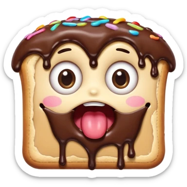 Rectangular chocolate mini pastry, slightly messy and squished, chocolate dripping, big round eyes, wide open mouth, playful surprised expression, text above: "ПАСТИЧКА", chibi style, Twitch emoji style, transparent background, colorful

 sticker
