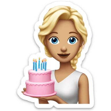 Blonde woman with blue eyes holding a pink birthday cake  sticker
