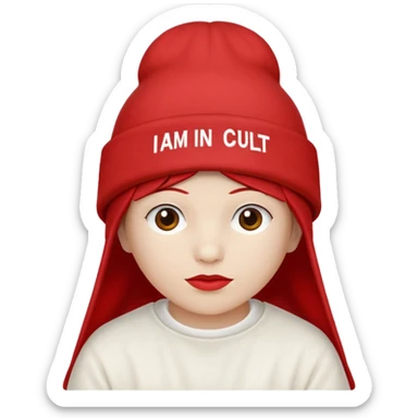 Red hat that says "I AM IN A CULT" in white text sticker