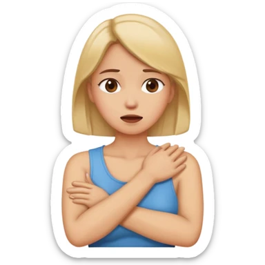 Woman crossing her arms holding her throat sticker