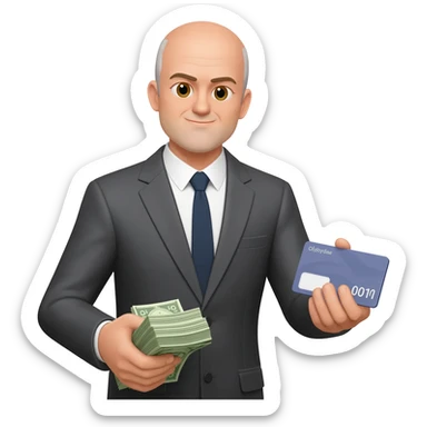 Bald Greek property manager grabbing his fee as the money comes in sticker