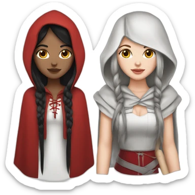 White girl long straight black hair with white streak hair and red ridding hood sticker