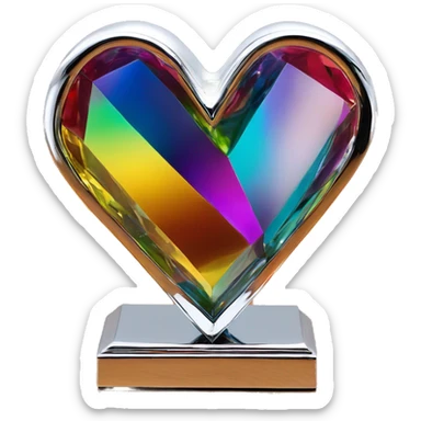 symbolic heart chrome sculpture symbolizing chromatic light with a geometric, faceted design. The heart is standing upright with angular and baroque features. The vibrant rainbow of colors highlights the sharp edges and planes.  sticker