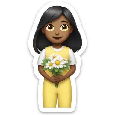 a white child with black long straight hair wearing a pastel yellow jumpsuit with white shirt in it and carrying a flower arrangement in her hands sticker