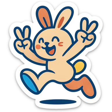 beige bunny jumping and making peace signs, vibrant toon style, bright colors sticker