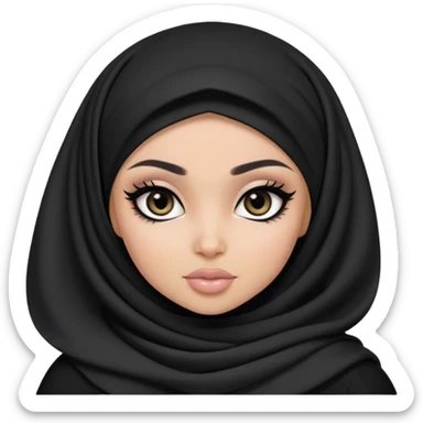 black pretty bratz girl, hijabi, dark black eyes, black eyeliner, pale skin, black clothes sticker