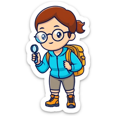 Woman in her late 30s with glasses wearing sporty outfit, hiking boots, and backpack, holding a magnifying glass and looking curious sticker