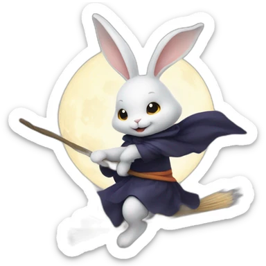 a small white rabbit riding a broomstick like a witch with the night sky and stars in the background sticker