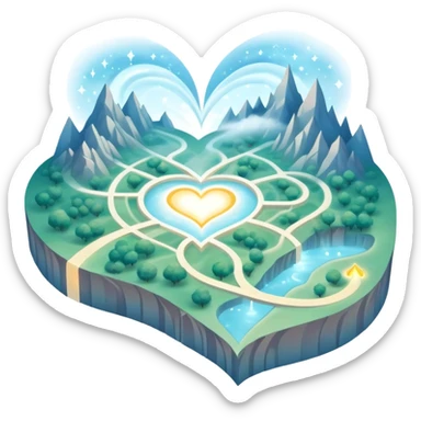 Dreamlike folded map with ethereal mist and shimmering heart pathways that glow with magical energy sticker