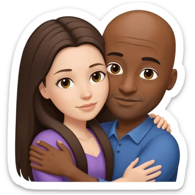 White brunette female with long hair hugging bald black man with out a beard sticker