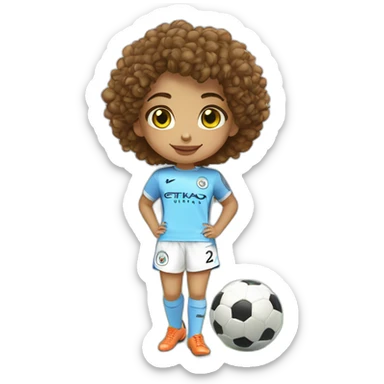 girl with short curly brown hair and eyes wearing Manchester City football shirt, fluro orange soccer boots, standing with a soccer ball sticker