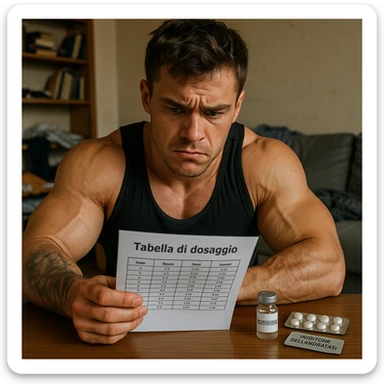young athlete with swollen muscles but marked skin consulting dosage table in Italian, vial labeled 'Testosterone' and blister pack labeled 'Inibitore dell'aromatasi' on table, worried expression, messy room background, 4K quality sticker