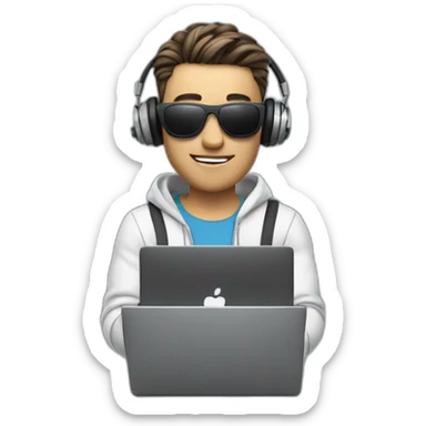 futuristic realistic animated man, video editor with black sunglasses, gray laptop in hand, headphones around his neck sticker
