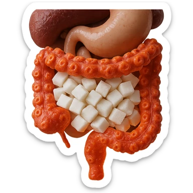 Make the sugars much more evident and recognizable in hyperrealism style, keep the inflamed intestinal microbiota, 4K resolution, transparent background. sticker