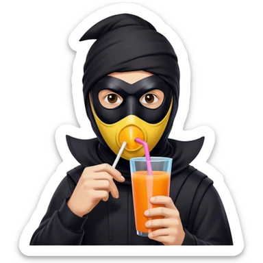 Masked man in dark clothing holding and drinking from a juice box with a straw, comical contrast between serious masked appearance and innocent juice sticker